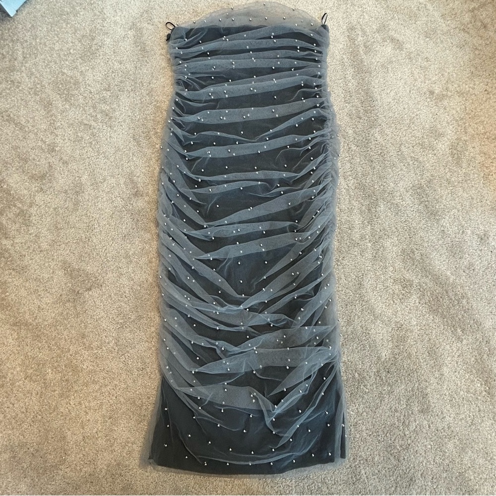 Zara gray strapless gathered draped ruched mesh tulle pearl embellished dress L - Picture 7 of 15